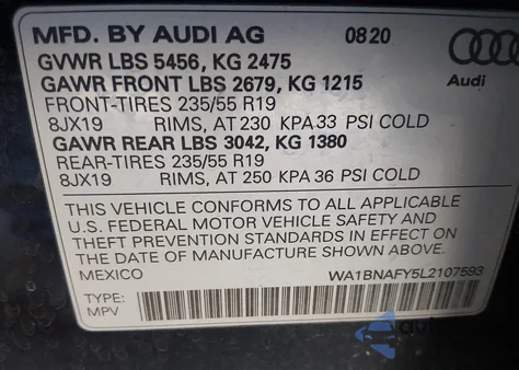 2020 Audi Q5 Premium Plus 45 Tfsi Quattro S Tronic z USA, uszkodzony, nr VIN WA1BNAFY5L2107593